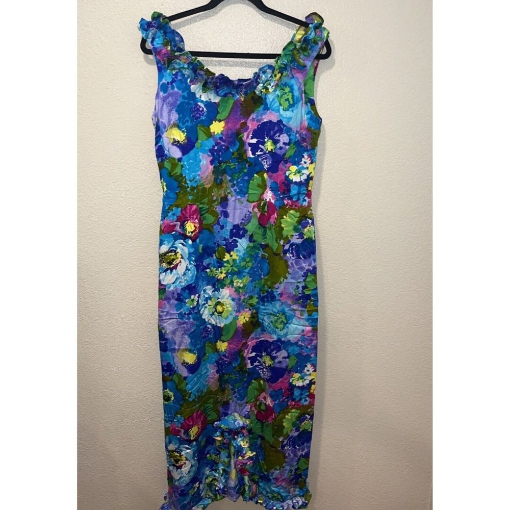 VTG 70’s Floral Hawaiian Ruffle Dress Sun Fashions Of Hawaii Honolulu Size 14